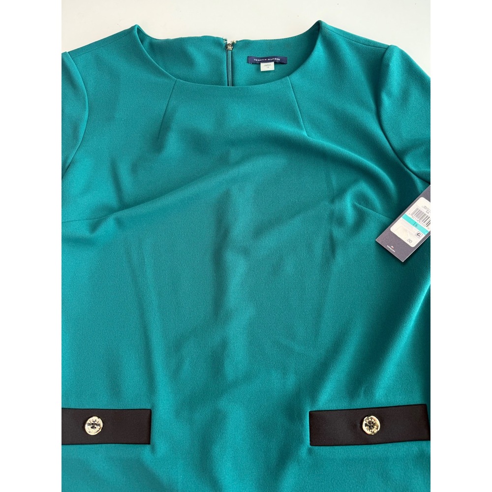 Tommy Hilfiger Womens Teal Green Short Sleeve Dress Faux Pockets Size 16 NWT - Picture 2 of 12
